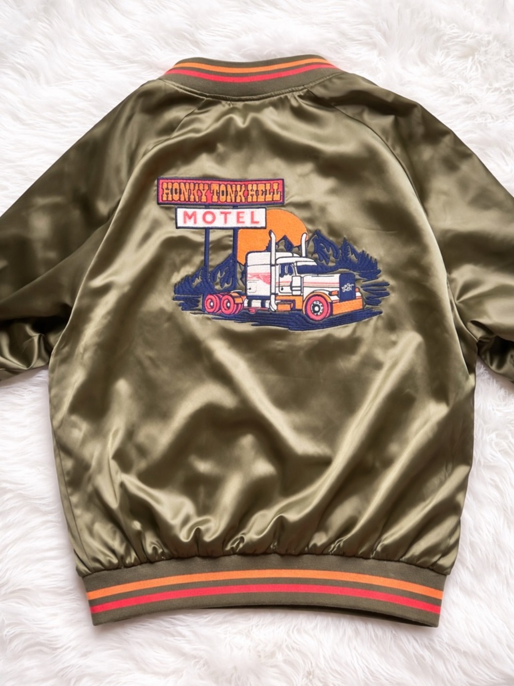 Olive Satin Bomber Jacket with Truck Patch